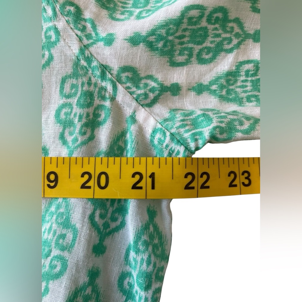 Chicos Women’s Linen Size Large Ikat Buttondown Top No Iron Green Boho 3/4 Slv - Picture 7 of 9